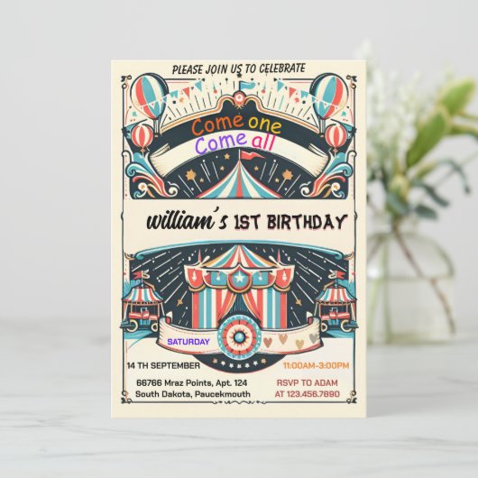 niedliche Kinder Karneval Circus Show 1. Geburtsta Einladung (Stehend Vorderseite)