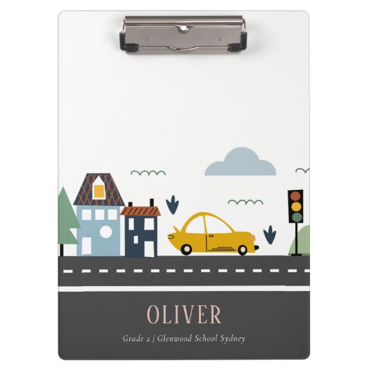 Niedliche Kinder Stadtfahrzeuge Autos Straße Stadt Klemmbrett (Vorderseite)