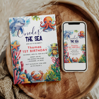 Niedliche Kinder Wasserfarbe Seemeer 1. Geburtstag Einladung