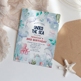 Niedliche Kinder Wasserfarbe Unter dem Meer Geburt Einladung