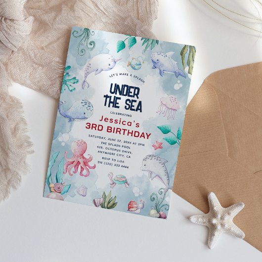 Niedliche Kinder Wasserfarbe Unter dem Meer Geburt Einladung