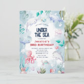 Niedliche Kinder Wasserfarbe Unter dem Meer Geburt Einladung (Stehend Vorderseite)