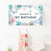 Niedliche Kinder Wasserfarbe Unter Meer 1. Geburts Banner (Insitu)