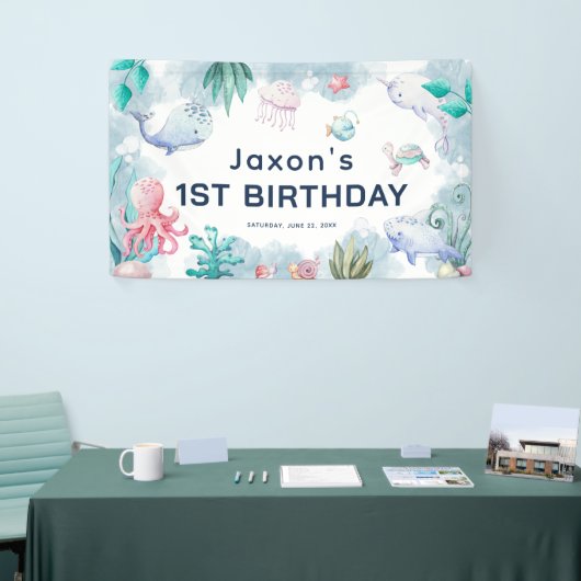 Niedliche Kinder Wasserfarbe Unter Meer 1. Geburts Banner (Messeveranstaltung)