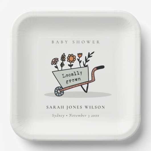 Niedliche Kinderdusche aus grauem Blumenkartentuch Pappteller (Vorderseite)