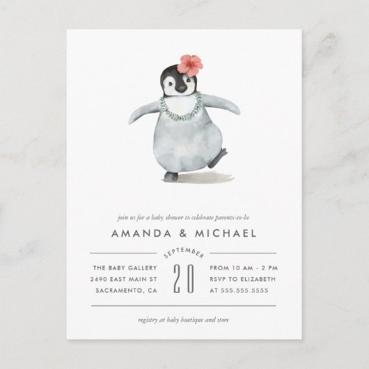 Niedliche Kindermädchen Pinguin Babydusche Einladungspostkarte (Vorderseite)