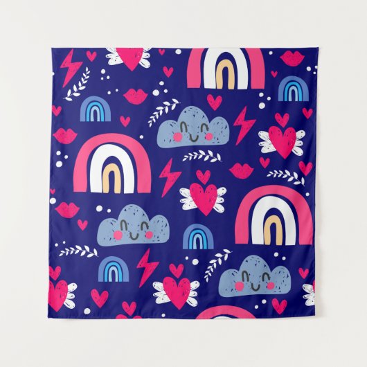 Niedliche Kindermuster, Regenbogen, Wolken, Wandteppich (Vorderseite)