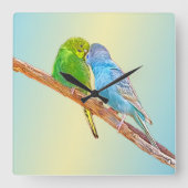 Niedliche Kissingbudgien - Acryl auf pastellfarben Quadratische Wanduhr (Vorderseite)