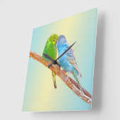 Niedliche Kissingbudgien - Acryl auf pastellfarben Quadratische Wanduhr (Winkel)