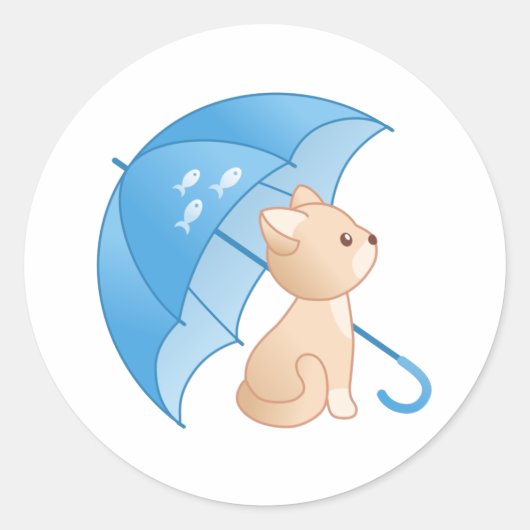 Niedliche Kitten Cat under Blue Umbrella Classic R Runder Aufkleber (Vorderseite)