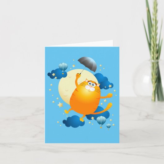 Niedliche Kitten Flying mit Regenschirm Karte (Vorderseite)