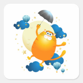 Niedliche Kitten Flying mit Regenschirm Quadratischer Aufkleber