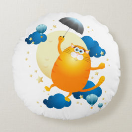 Niedliche Kitten Flying mit Regenschirm Rundes Kissen