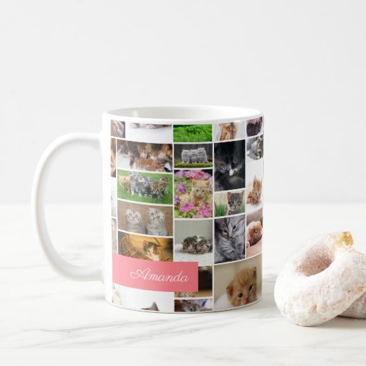 Niedliche Kitten Foto Montage Korallenrosa Katzenk Kaffeetasse (Mit Donut)