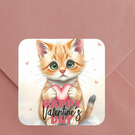 Niedliche Kitten Holding Pink Herz Valentinstag Quadratischer Aufkleber