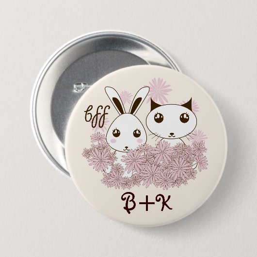 Niedliche Kitten und Bunny Animal Friends Girls Ki Button (Vorne & Hinten)
