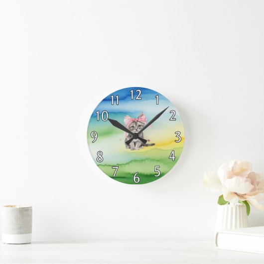 Niedliche Kitten Wall Clock mit rosa Bow Runde Wanduhr (Zuhause)