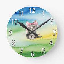 Niedliche Kitten Wall Clock mit rosa Bow