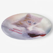 Niedliche Kittenruhe auf einer Weihnachtsmannmütze Pappteller (Schrägansicht)