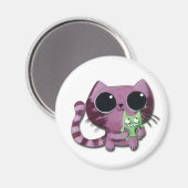 Niedliche Kitty Cat mit Kleinem Grünem Monster Magnet (Vorderseite/Rückseite)