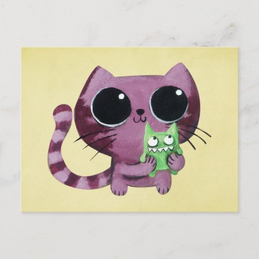 Niedliche Kitty Cat mit Kleinem Grünem Monster Postkarte (Vorderseite)