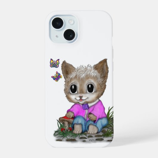 Niedliche Kitty Cat und Butterfly iPhone 15 Hülle (Rückseite)