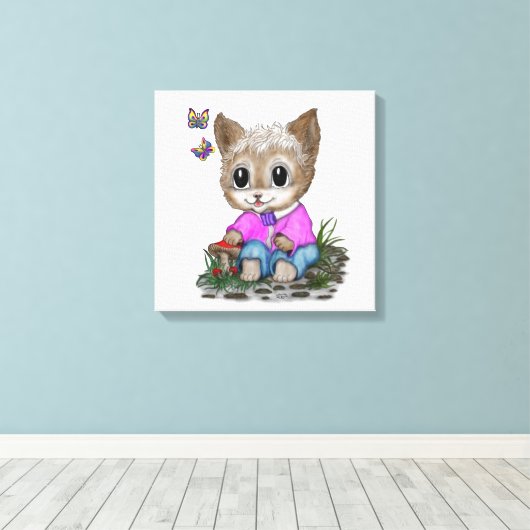 Niedliche Kitty Cat und Butterfly Leinwanddruck (Insitu (Holzboden))