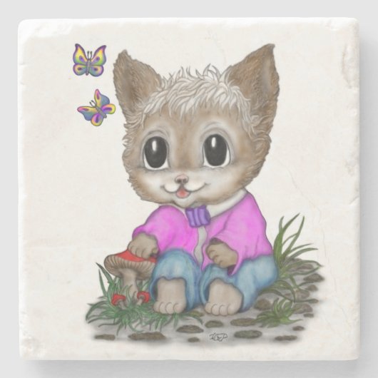 Niedliche Kitty Cat und Butterfly Steinuntersetzer (Vorderseite)