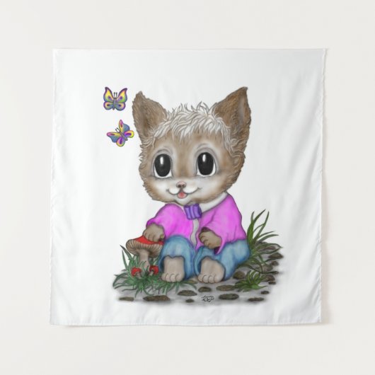 Niedliche Kitty Cat und Butterfly Wandteppich (Vorderseite)