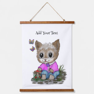 Niedliche Kitty Cat und Butterfly Wandteppich Mit Holzrahmen