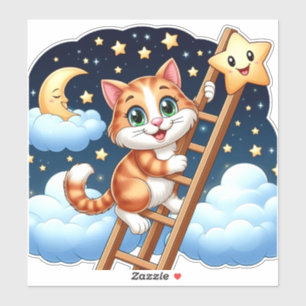 Niedliche Kitty Climbs Ladder zum Mond Aufkleber