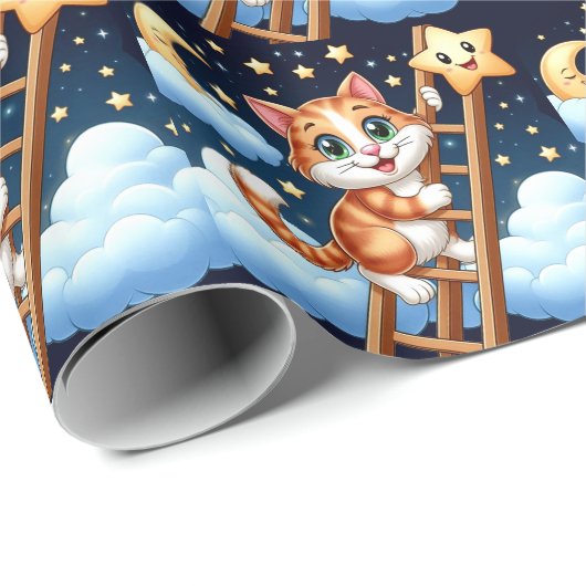 Niedliche Kitty Climbs Ladder zum Mond Geschenkpapier (Rolleneckpunkt)