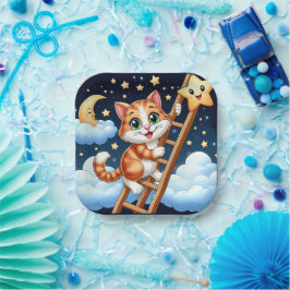 Niedliche Kitty Climbs Ladder zum Mond Pappteller
