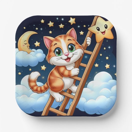 Niedliche Kitty Climbs Ladder zum Mond Pappteller (Vorderseite)