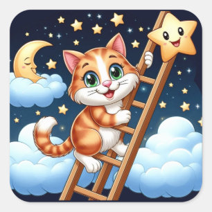 Niedliche Kitty Climbs Ladder zum Mond Quadratischer Aufkleber