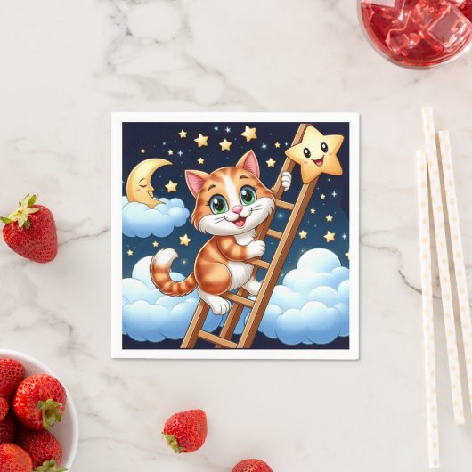 Niedliche Kitty Climbs Ladder zum Mond Serviette (Beispiel)