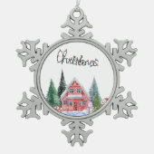 Niedliche Kitty Illustration Schneeflocken Zinn-Ornament (Vorderseite)