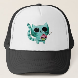 Niedliche Kitty-Katze mit Kawaii kleinem Kuchen Truckerkappe