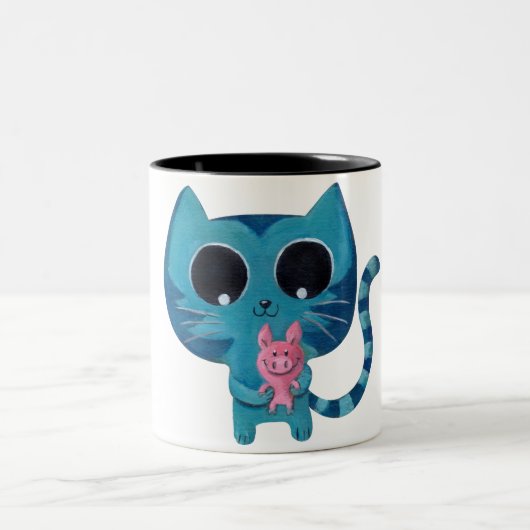 Niedliche Kitty-Katze und Schwein Zweifarbige Tasse (Mittel)