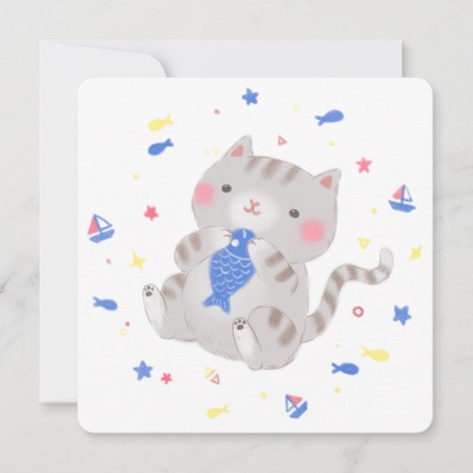 Niedliche Kitty mit Fisch im Sommer Illustration Einladung (Vorderseite)