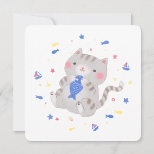 Niedliche Kitty mit Fisch im Sommer Illustration Einladung (Vorderseite)