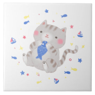 Niedliche Kitty mit Fisch im Sommer Illustration Fliese