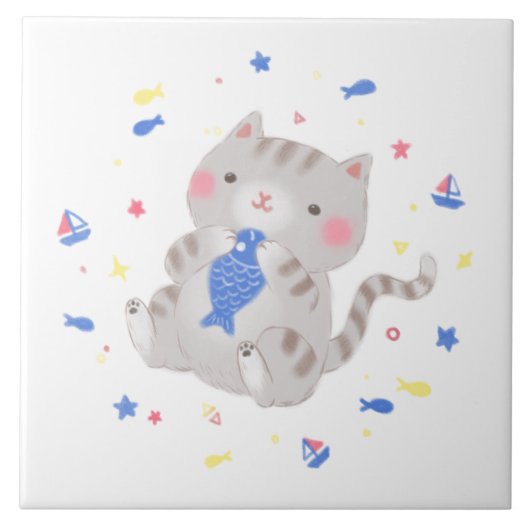 Niedliche Kitty mit Fisch im Sommer Illustration Fliese (Vorderseite)
