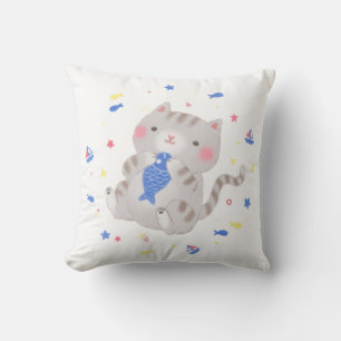 Niedliche Kitty mit Fisch im Sommer Illustration Kissen