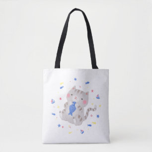 Niedliche Kitty mit Fisch im Sommer Illustration Tasche