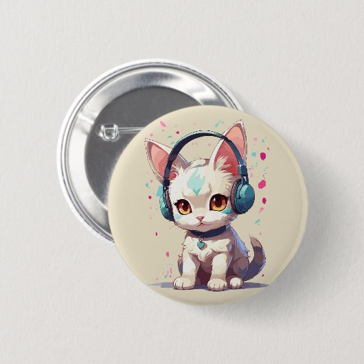 Niedliche Kitty mit Kopfhörer-Charm Button (Vorne & Hinten)