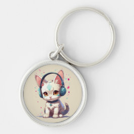 Niedliche Kitty mit Kopfhörer-Charm Schlüsselanhänger