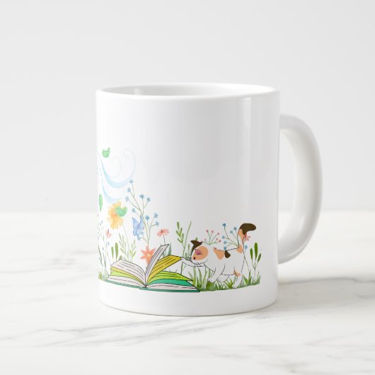 Niedliche Kitty Reading ein Buch. Jumbo-Tasse (Vorderseite Rechts)