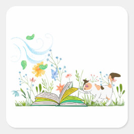 Niedliche Kitty Reading ein Buch. Quadratischer Aufkleber