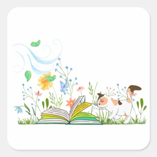 Niedliche Kitty Reading ein Buch. Quadratischer Aufkleber (Vorderseite)